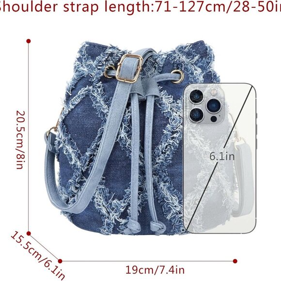 Women Denim Mini Bucket Bag Crossbody Drawstring Quilted Tassel Purse - Picture 5 of 6